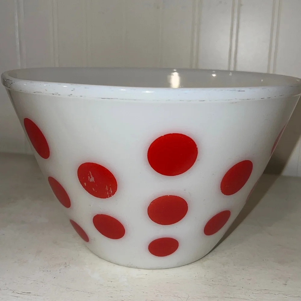Vintage Fire King Oven Ware Polka Dot mixing bowl 5.5” x 8.5”